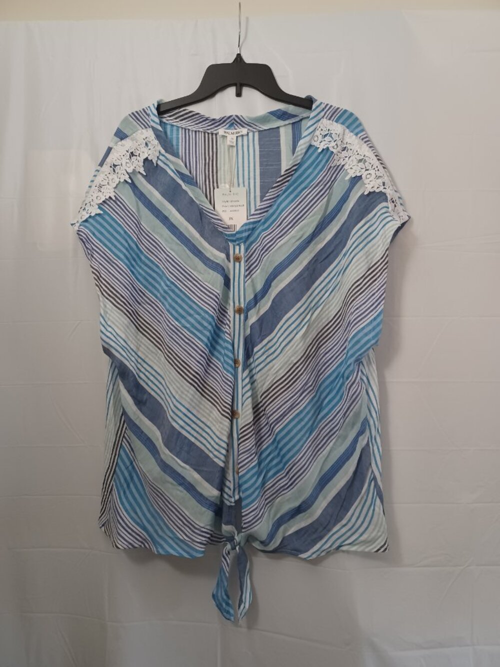 PALM RIO SHORT SLEEVE STRIPED TIE FRONT LACE DETAIL BLOUSE BLUE MULTI COLOR 3X
